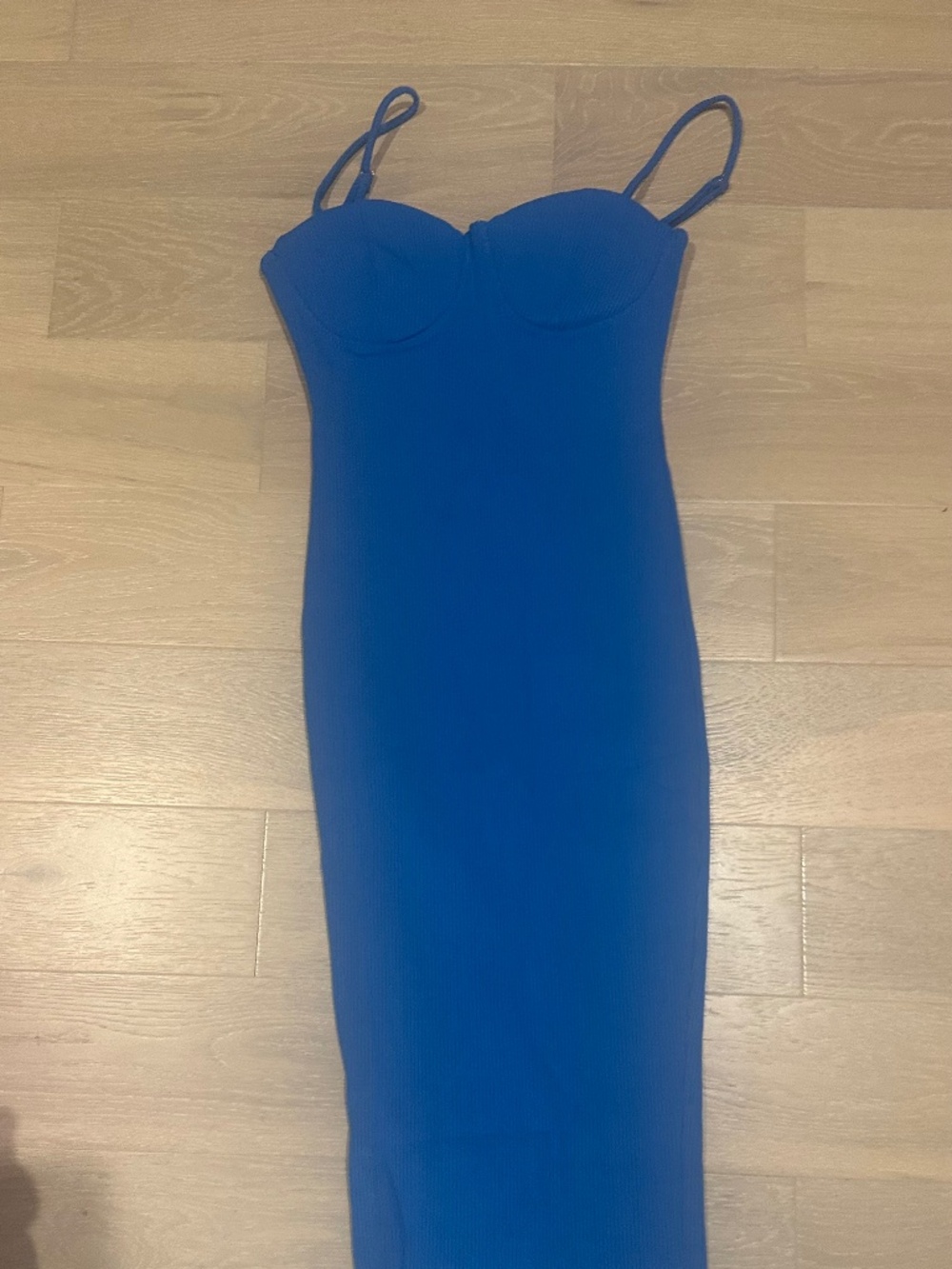 Blue bodycon midi dress with spaghetti straps